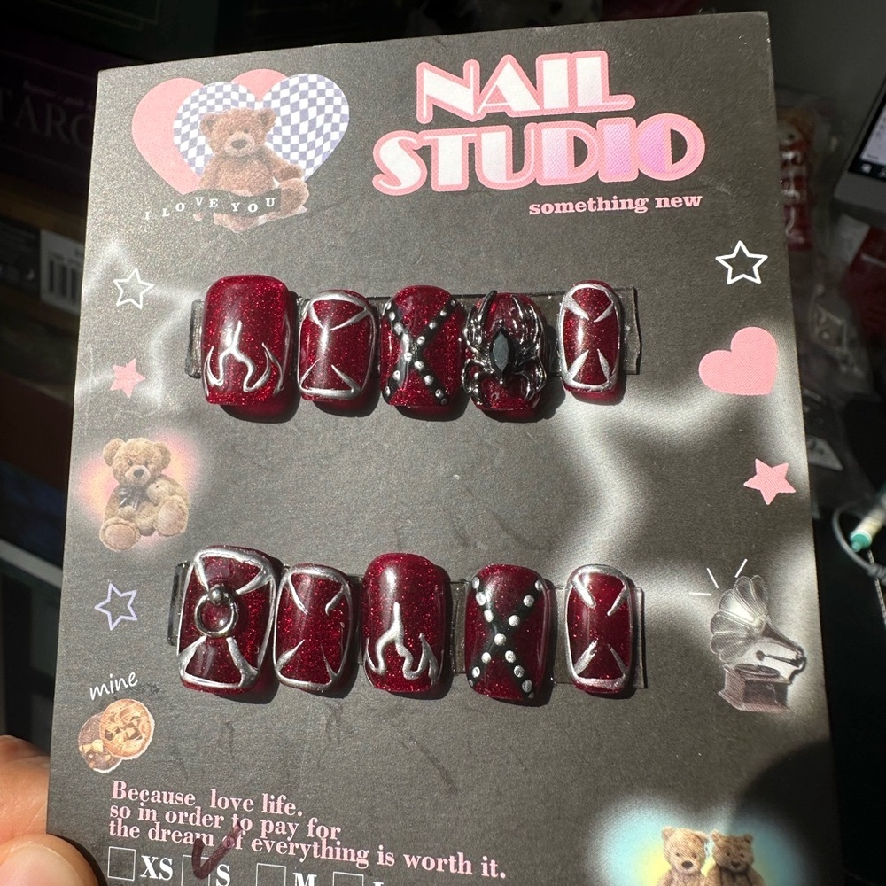 5 for $30 hand made red glitter press-on nails with spider and flame